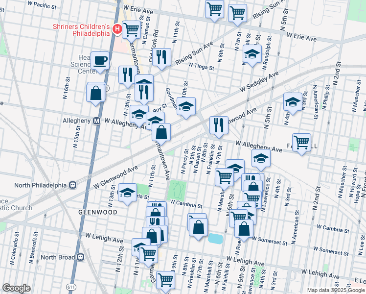 map of restaurants, bars, coffee shops, grocery stores, and more near 3133 North Hutchinson Street in Philadelphia