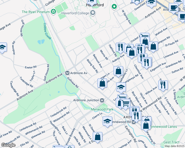 map of restaurants, bars, coffee shops, grocery stores, and more near 624 Malvern Road in Ardmore