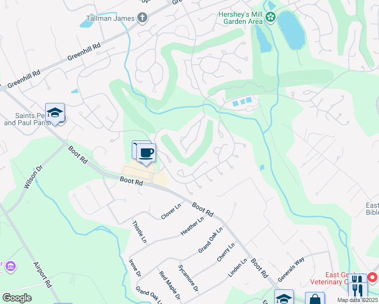 map of restaurants, bars, coffee shops, grocery stores, and more near 1415 Springton Lane in West Chester