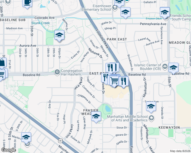 map of restaurants, bars, coffee shops, grocery stores, and more near 635 Mohawk Drive in Boulder
