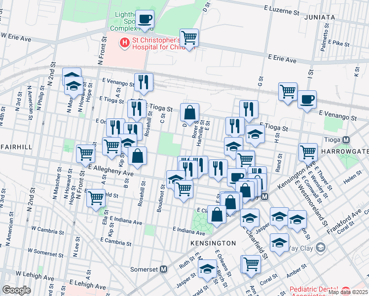 map of restaurants, bars, coffee shops, grocery stores, and more near 501 East Cornwall Street in Philadelphia