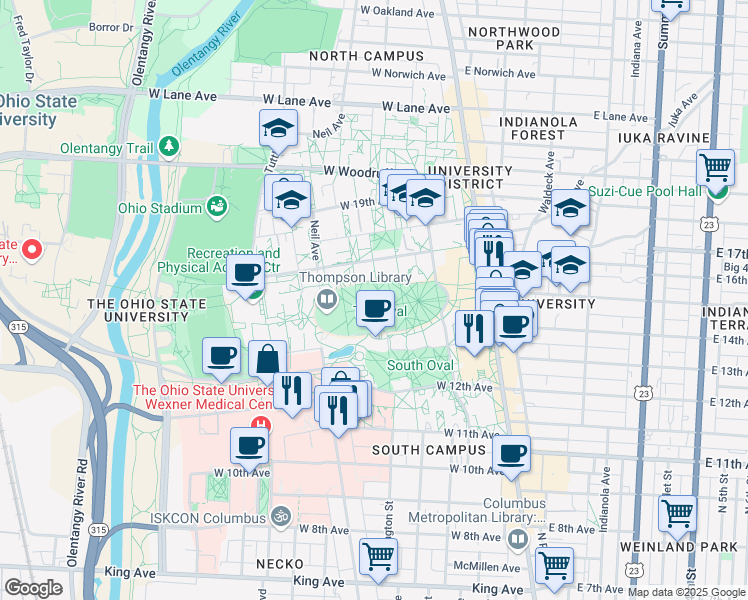 map of restaurants, bars, coffee shops, grocery stores, and more near 181 Oval Drive South in Columbus