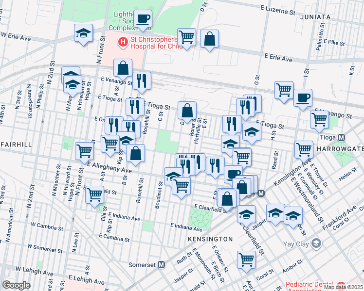 map of restaurants, bars, coffee shops, grocery stores, and more near 501 East Cornwall Street in Philadelphia