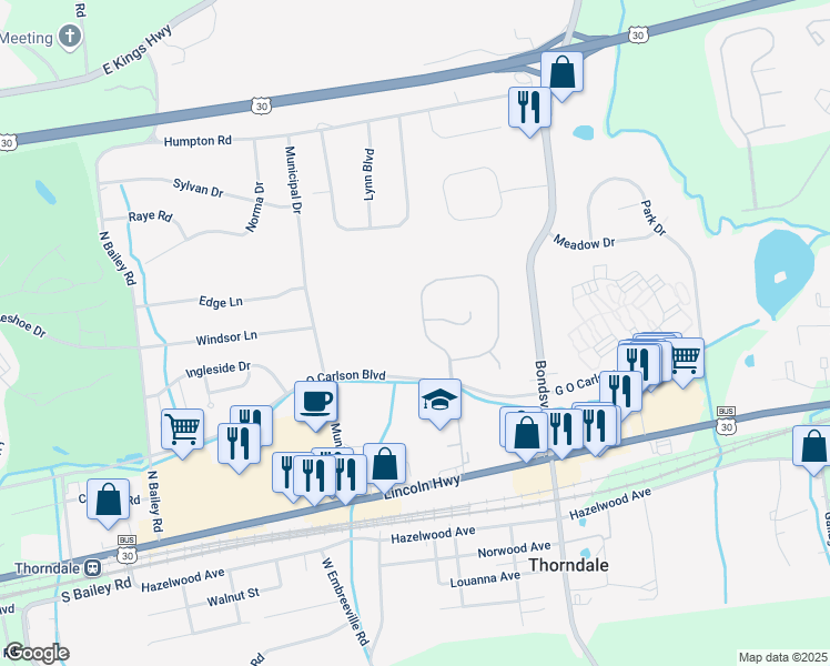 map of restaurants, bars, coffee shops, grocery stores, and more near 258 Thornridge Drive in Thorndale