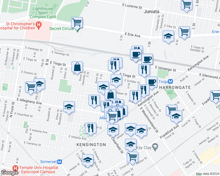 map of restaurants, bars, coffee shops, grocery stores, and more near 750 Ontario Street in Philadelphia