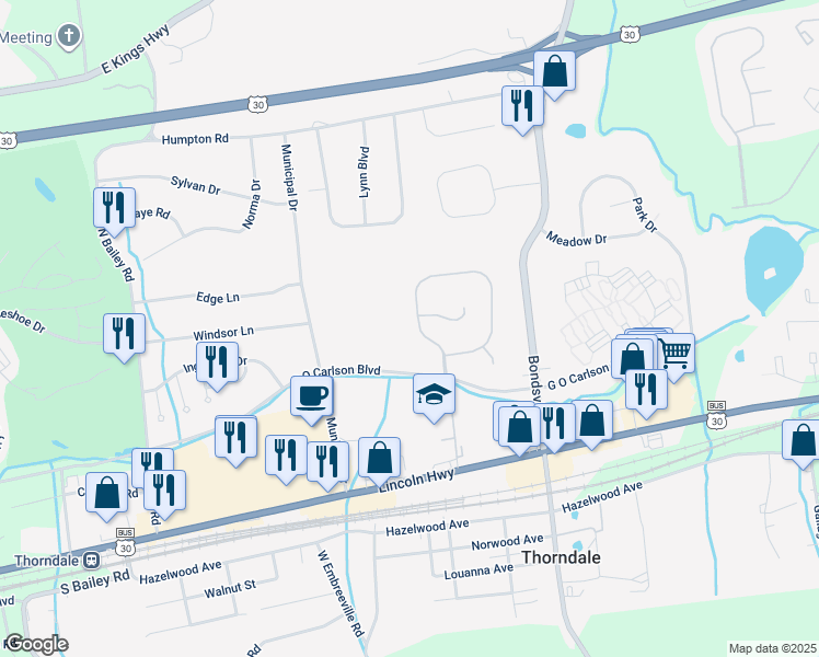 map of restaurants, bars, coffee shops, grocery stores, and more near 258 Thornridge Drive in Thorndale
