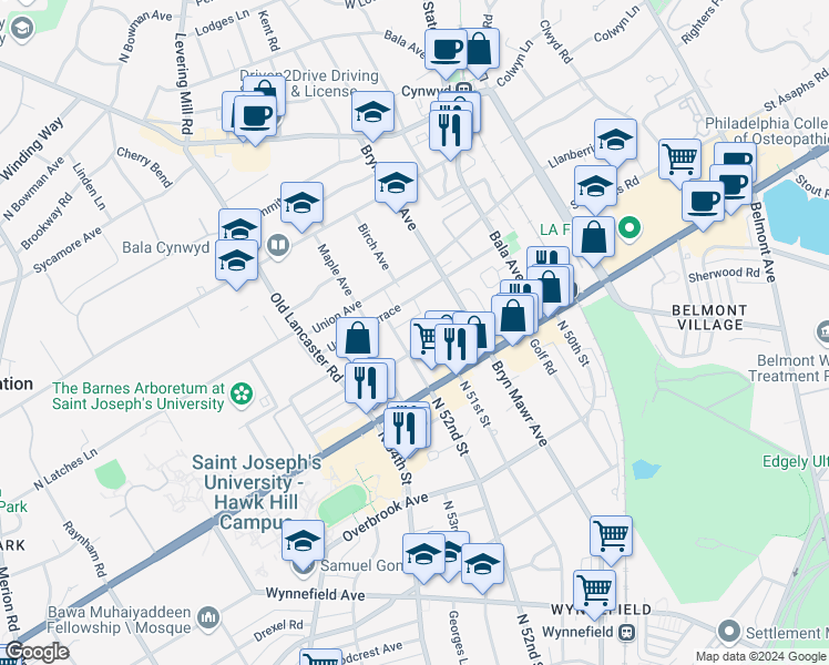 map of restaurants, bars, coffee shops, grocery stores, and more near 115 Edgehill Road in Bala Cynwyd