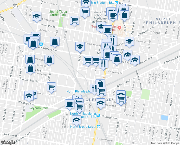 map of restaurants, bars, coffee shops, grocery stores, and more near 3042 North Sydenham Street in Philadelphia