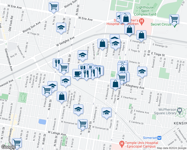 map of restaurants, bars, coffee shops, grocery stores, and more near 3218 North Philip Street in Philadelphia