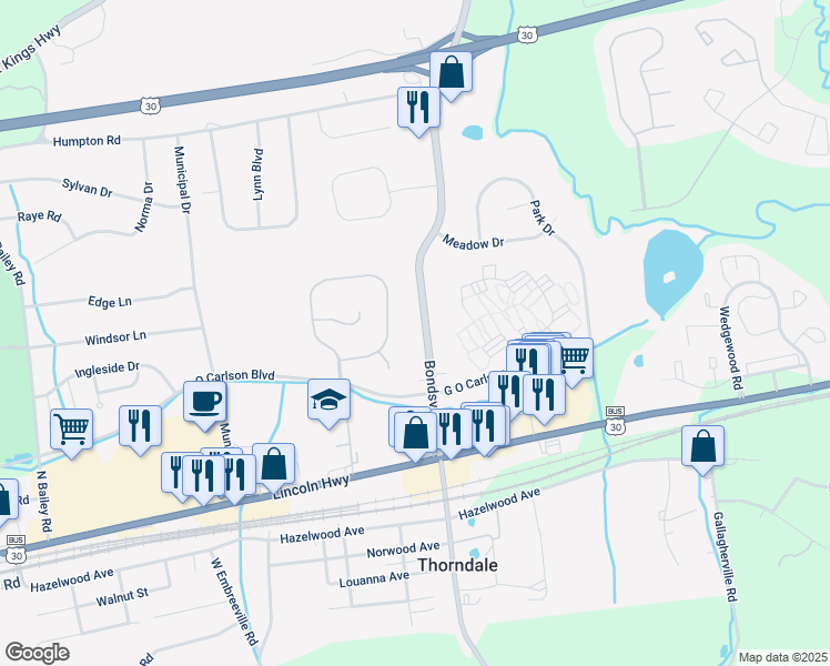 map of restaurants, bars, coffee shops, grocery stores, and more near 120B Bondsville Road in Downingtown