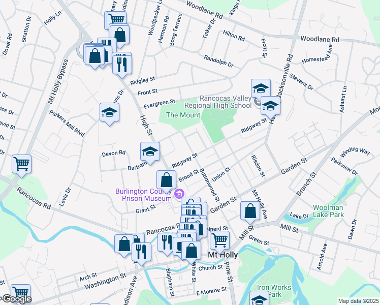 map of restaurants, bars, coffee shops, grocery stores, and more near 417 Buttonwood Street in Mount Holly