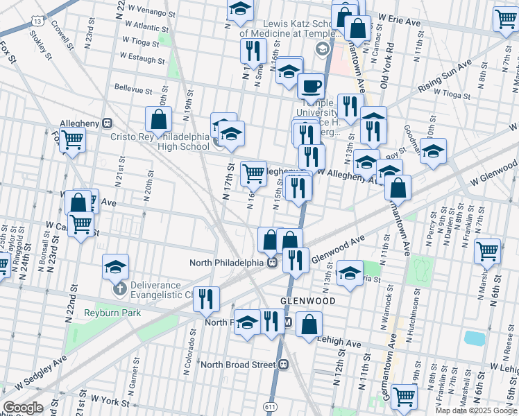 map of restaurants, bars, coffee shops, grocery stores, and more near 3042 North Sydenham Street in Philadelphia