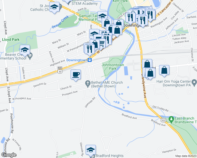 map of restaurants, bars, coffee shops, grocery stores, and more near 156 East Church Street in Downingtown