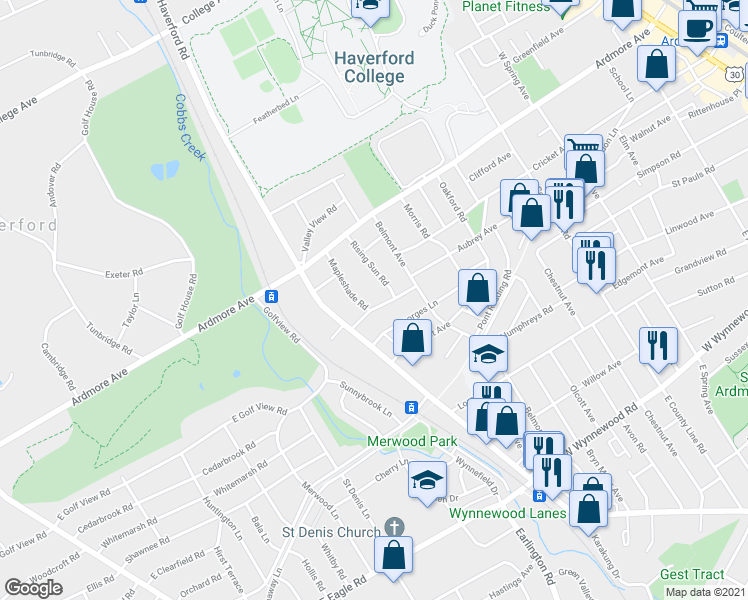 map of restaurants, bars, coffee shops, grocery stores, and more near 624 Malvern Road in Ardmore