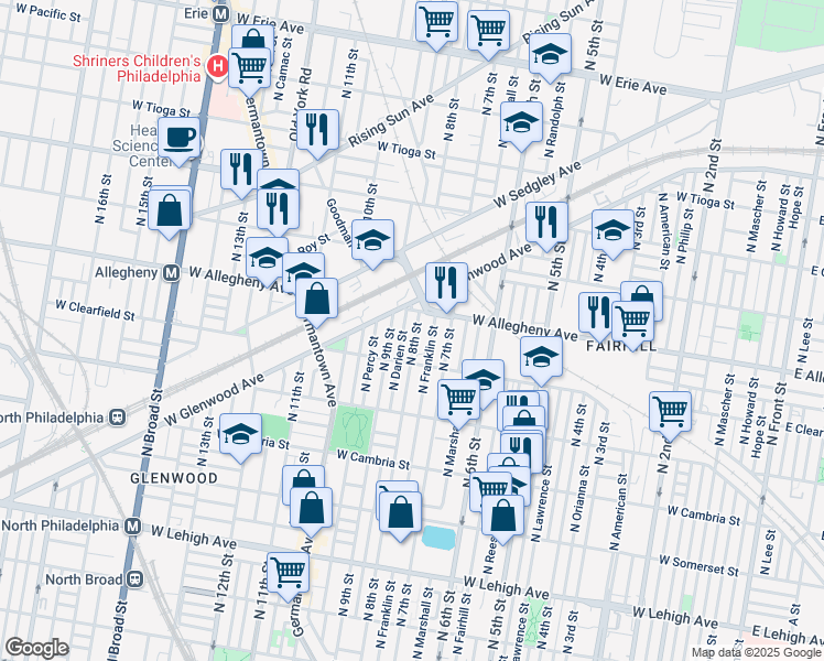 map of restaurants, bars, coffee shops, grocery stores, and more near 3144 North 8th Street in Philadelphia