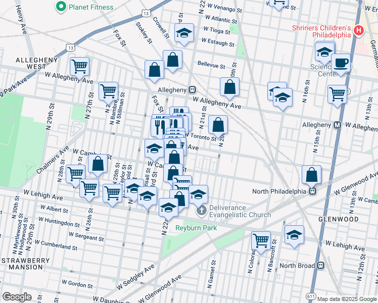 map of restaurants, bars, coffee shops, grocery stores, and more near 2123 W Stella St in Philadelphia