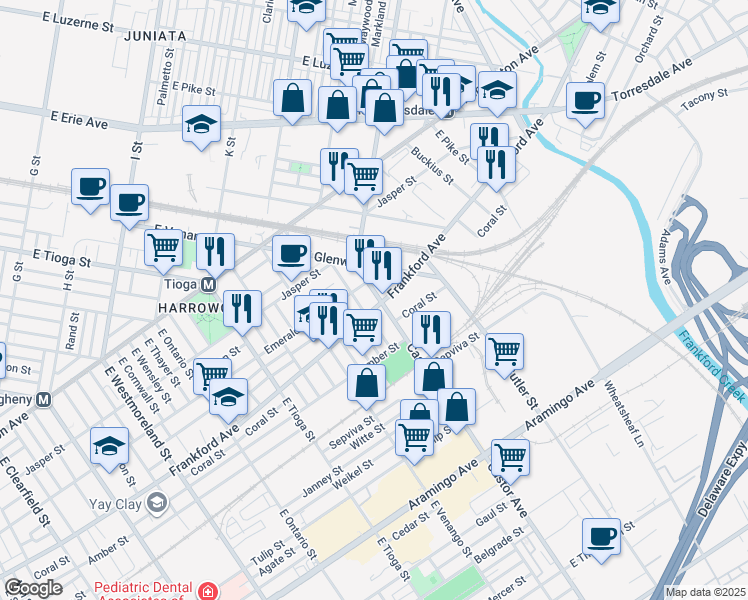 map of restaurants, bars, coffee shops, grocery stores, and more near 2020 East Glenwood Avenue in Philadelphia