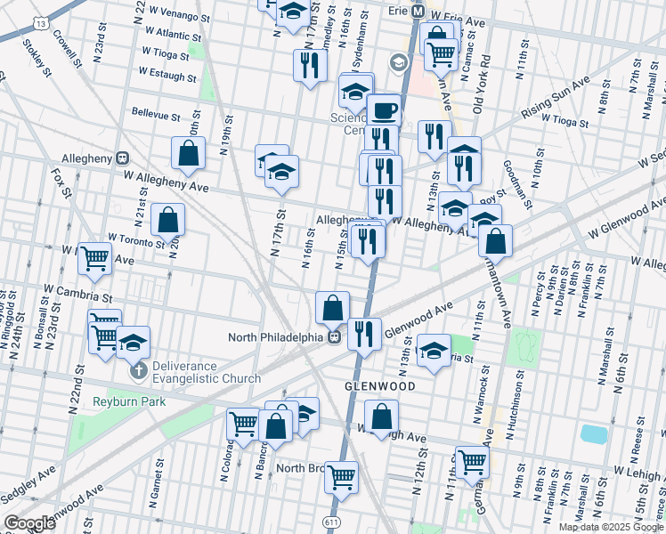 map of restaurants, bars, coffee shops, grocery stores, and more near 3042 North 15th Street in Philadelphia