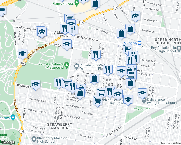 map of restaurants, bars, coffee shops, grocery stores, and more near 2903 North Taney Street in Philadelphia