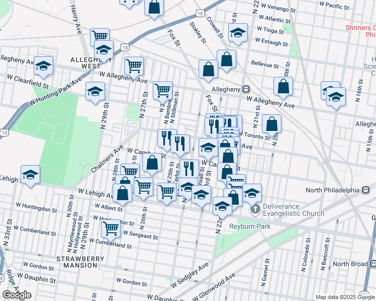 map of restaurants, bars, coffee shops, grocery stores, and more near 2927 North Ringgold Street in Philadelphia