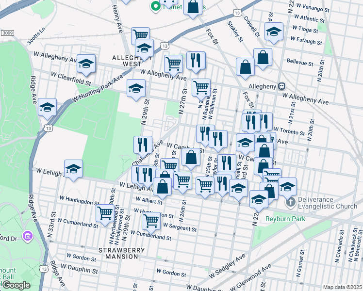 map of restaurants, bars, coffee shops, grocery stores, and more near North Taney Street in Philadelphia