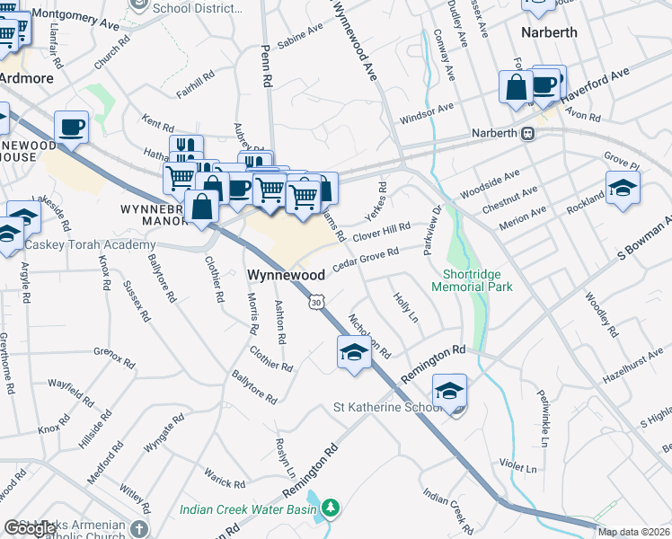 map of restaurants, bars, coffee shops, grocery stores, and more near 525 Williams Road in Wynnewood