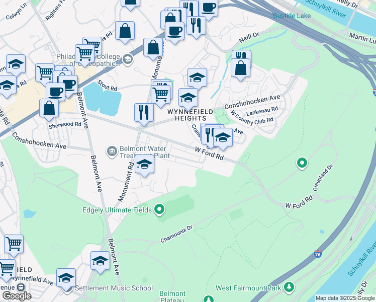 map of restaurants, bars, coffee shops, grocery stores, and more near 4044 Ford Road in Philadelphia