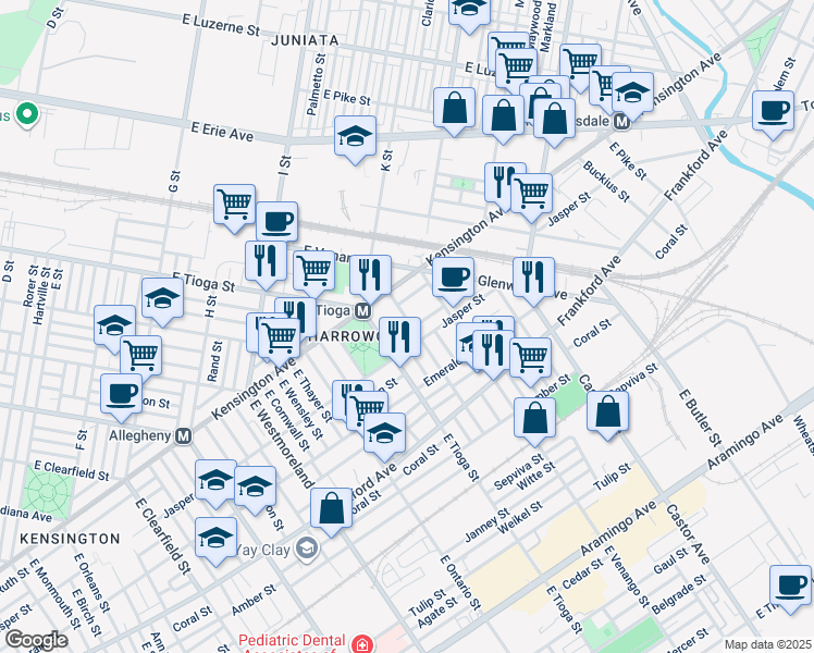 map of restaurants, bars, coffee shops, grocery stores, and more near 1854 East Atlantic Street in Philadelphia