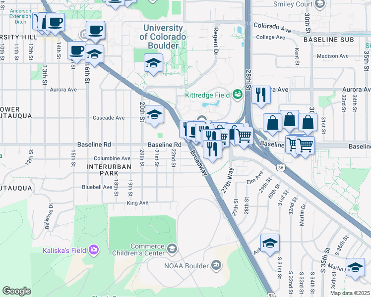 map of restaurants, bars, coffee shops, grocery stores, and more near 2260 West Baseline Road in Boulder
