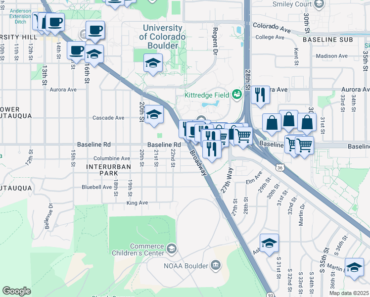 map of restaurants, bars, coffee shops, grocery stores, and more near 2260 West Baseline Road in Boulder
