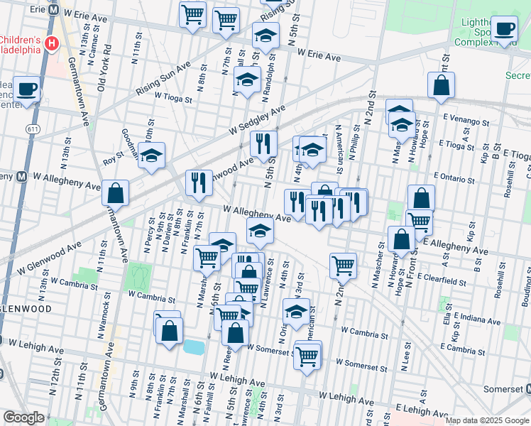map of restaurants, bars, coffee shops, grocery stores, and more near 3201 North 5th Street in Philadelphia