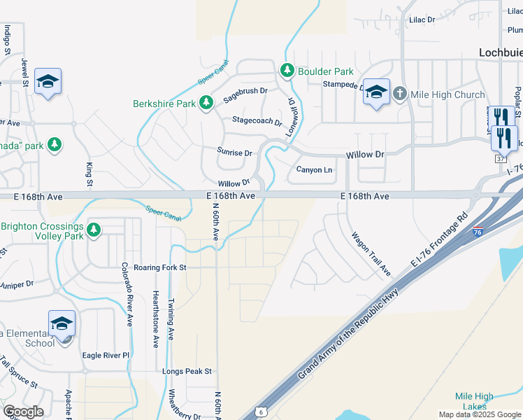 map of restaurants, bars, coffee shops, grocery stores, and more near 843 Willow Drive in Lochbuie