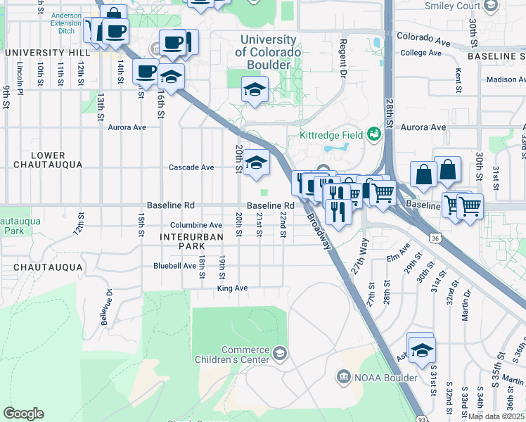 map of restaurants, bars, coffee shops, grocery stores, and more near 700 20th Street in Boulder