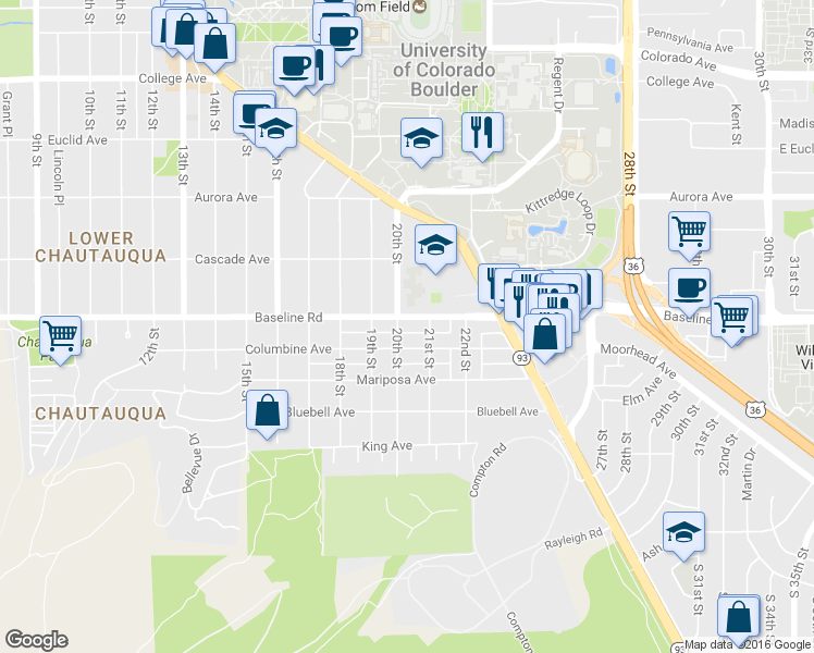 map of restaurants, bars, coffee shops, grocery stores, and more near 2008 Baseline Road in Boulder