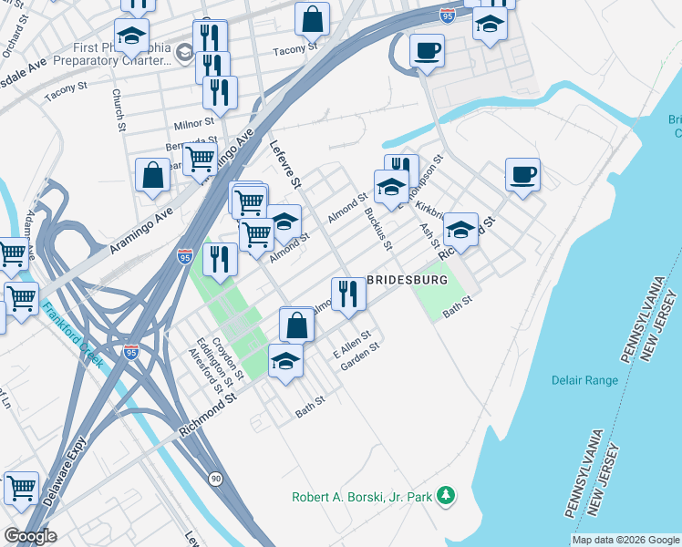 map of restaurants, bars, coffee shops, grocery stores, and more near 4506 Edgemont Street in Philadelphia