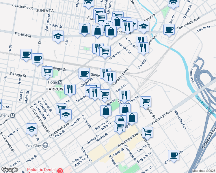 map of restaurants, bars, coffee shops, grocery stores, and more near 2020 East Glenwood Avenue in Philadelphia