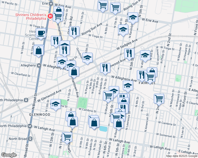 map of restaurants, bars, coffee shops, grocery stores, and more near 814 West Allegheny Avenue in Philadelphia