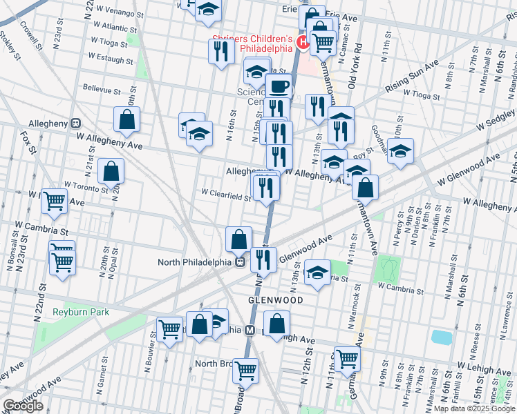 map of restaurants, bars, coffee shops, grocery stores, and more near 3111 North 15th Street in Philadelphia