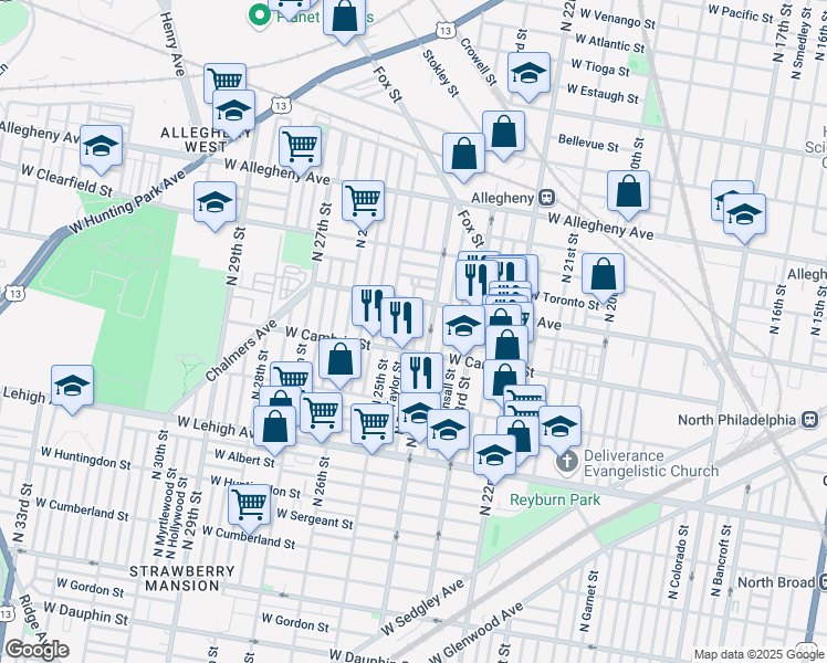 map of restaurants, bars, coffee shops, grocery stores, and more near 2958 North Taylor Street in Philadelphia