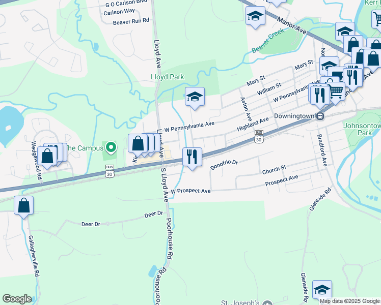 map of restaurants, bars, coffee shops, grocery stores, and more near 620 Highland Avenue in Downingtown