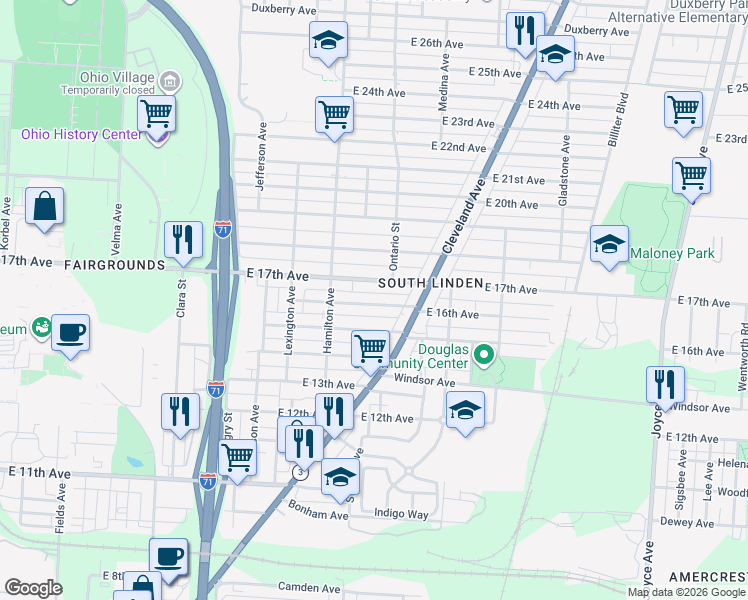 map of restaurants, bars, coffee shops, grocery stores, and more near 1088 East 17th Avenue in Columbus