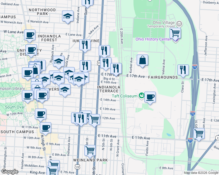 map of restaurants, bars, coffee shops, grocery stores, and more near 428 East 16th Avenue in Columbus