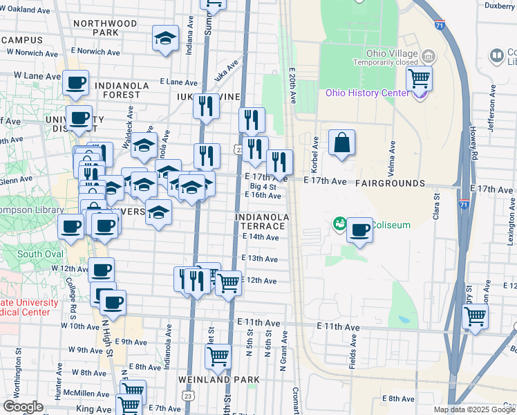 map of restaurants, bars, coffee shops, grocery stores, and more near 374 East 16th Avenue in Columbus