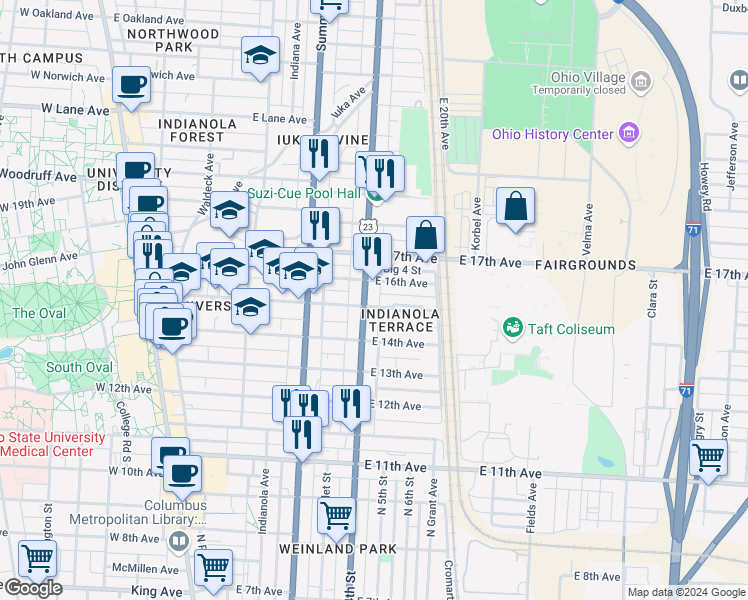 map of restaurants, bars, coffee shops, grocery stores, and more near 374 East 16th Avenue in Columbus