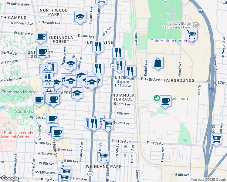 map of restaurants, bars, coffee shops, grocery stores, and more near 374 East 16th Avenue in Columbus