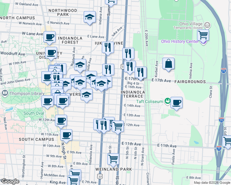 map of restaurants, bars, coffee shops, grocery stores, and more near 317 East 16th Avenue in Columbus