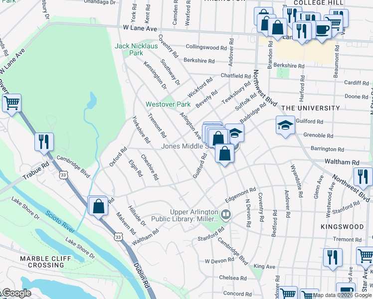 map of restaurants, bars, coffee shops, grocery stores, and more near 2172 Fairfax Road in Columbus