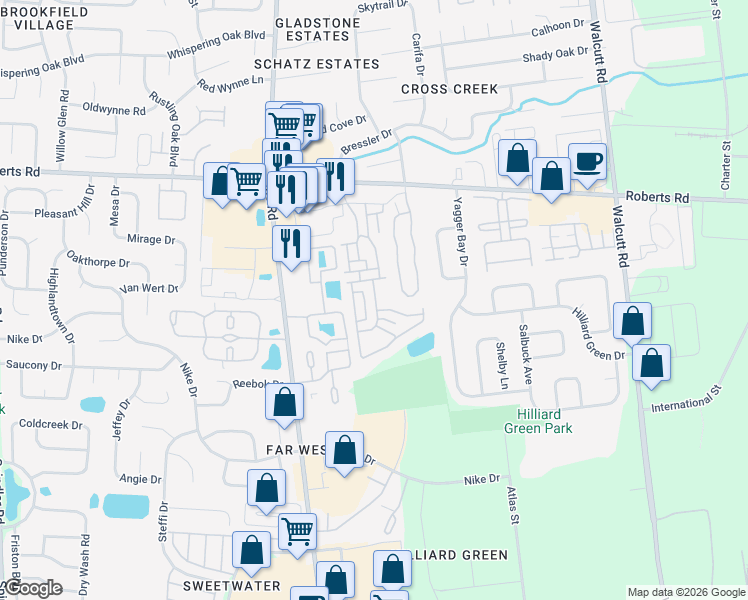 map of restaurants, bars, coffee shops, grocery stores, and more near 5317 Morning View Lane in Hilliard