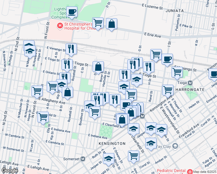 map of restaurants, bars, coffee shops, grocery stores, and more near 3405 E Street in Philadelphia