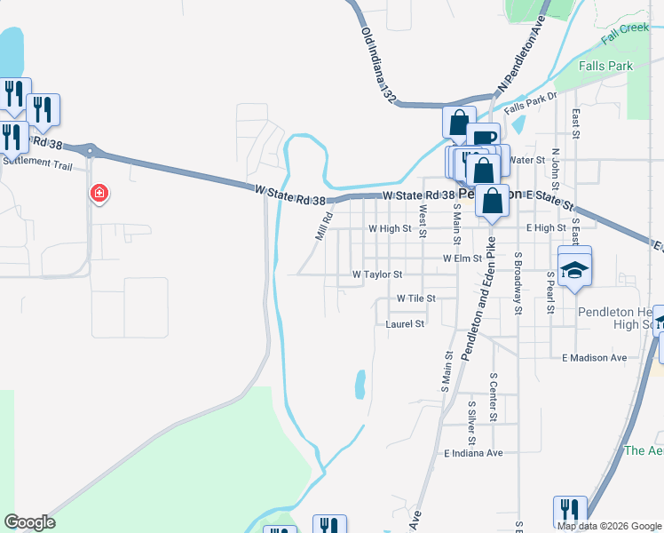 map of restaurants, bars, coffee shops, grocery stores, and more near 220 South Jefferson Street in Pendleton